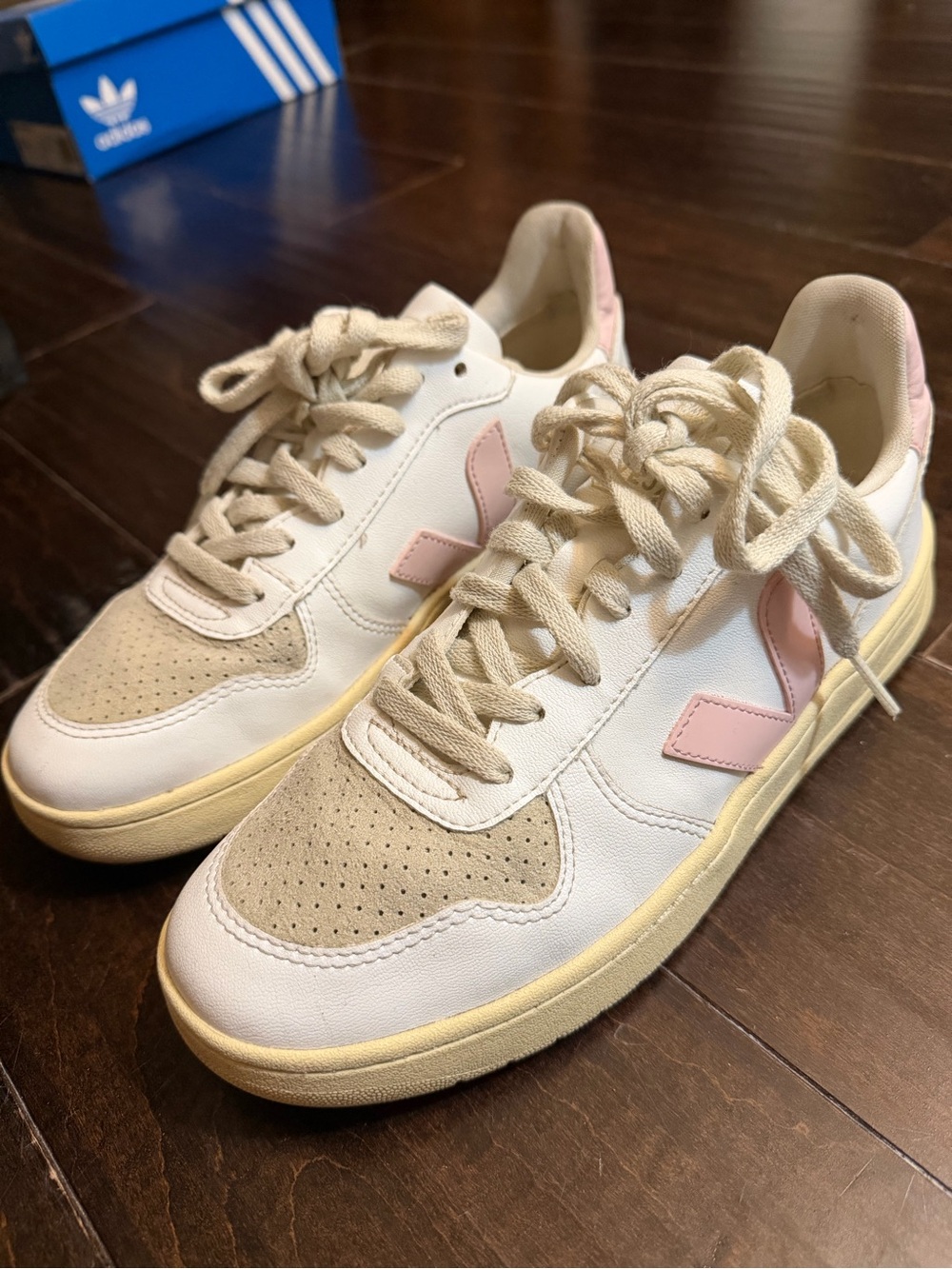 Veja Women's White Leather & Beige Suede Sneakers with Pink Accents
